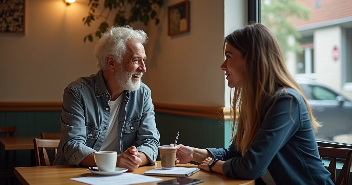 Empresário conversando com cliente, ambos sorrindo, reforçando relacionamento 