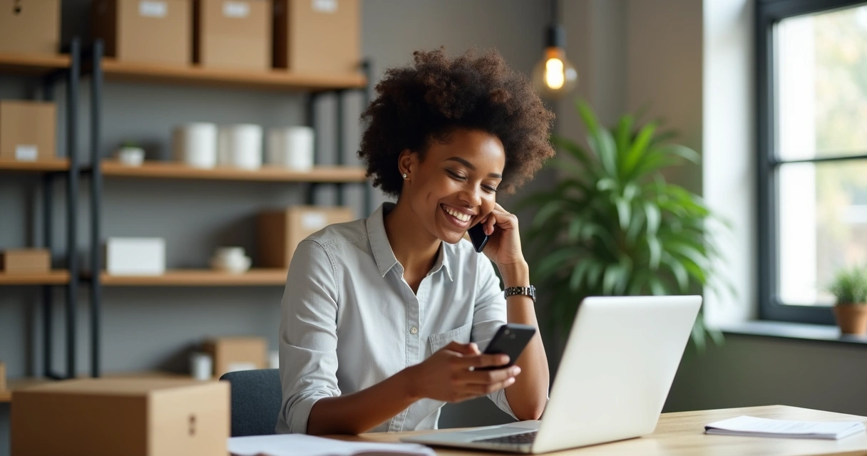 Empresário sorrindo enquanto envia mensagem no WhatsApp para cliente