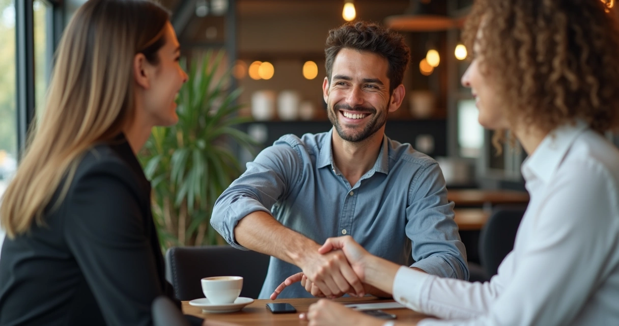 Profissional de vendas cumprimentando cliente em ambiente informal de negócios 