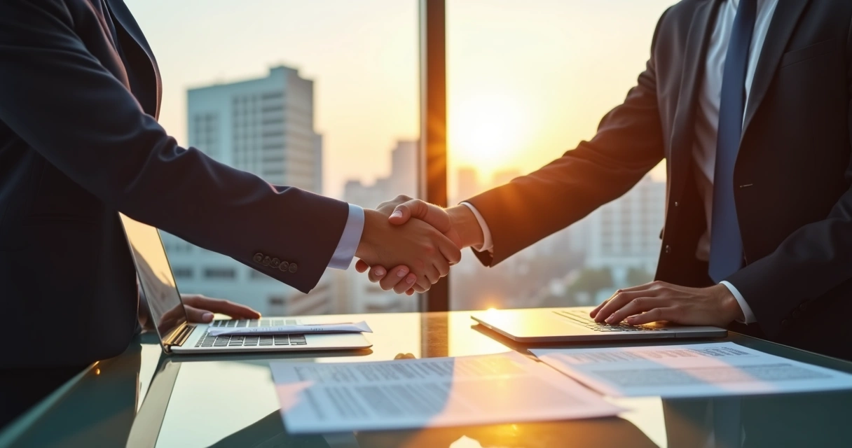 Duas pessoas apertando as mãos em escritório após fechar negócio de BPO financeiro. 