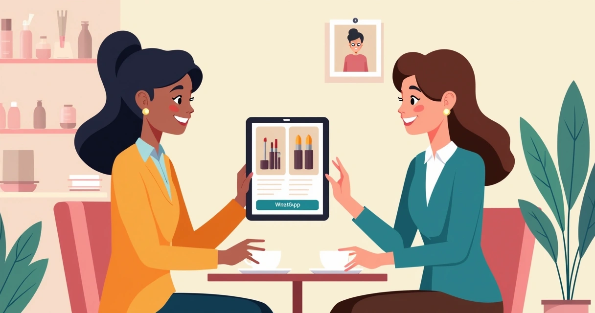 Consultora mostrando catálogo digital no tablet para cliente 