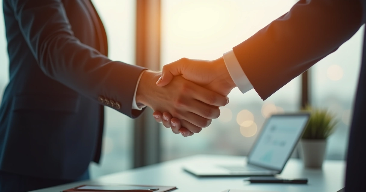 Pessoa cumprimentando handshake em escritório, gráfico de relação duradoura ao fundo