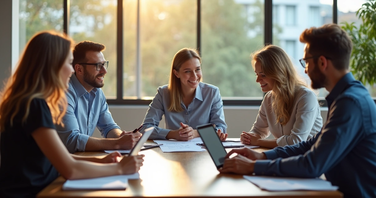 Equipe de vendas reunida com clientes em mesa de reunião moderna