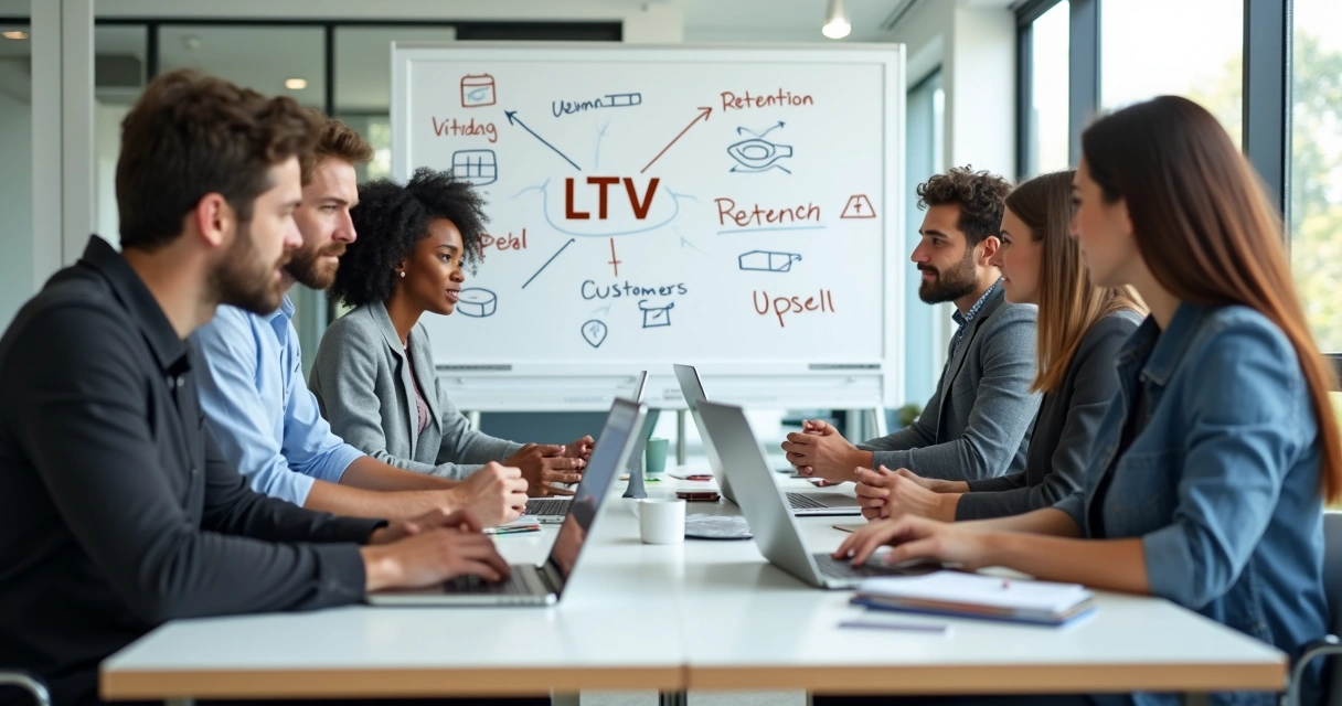 Equipe de vendas em reunião discutindo fidelização de clientes 