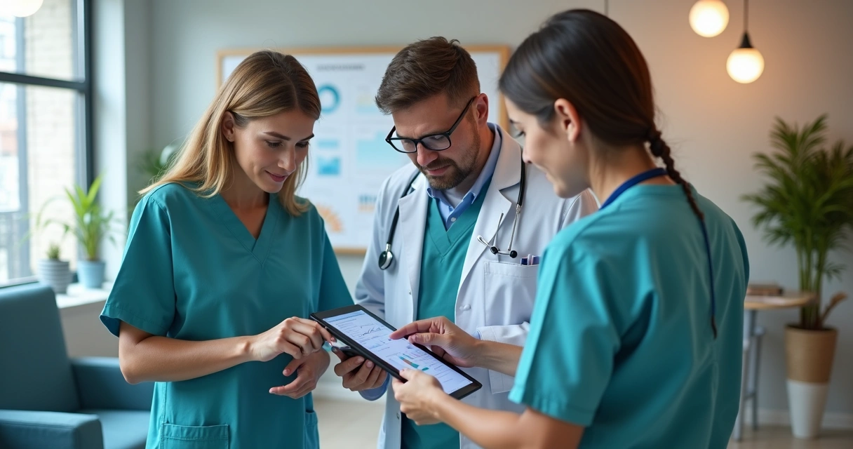 Equipe médica usando tablet em clínica, analisando gráfico de pacientes 