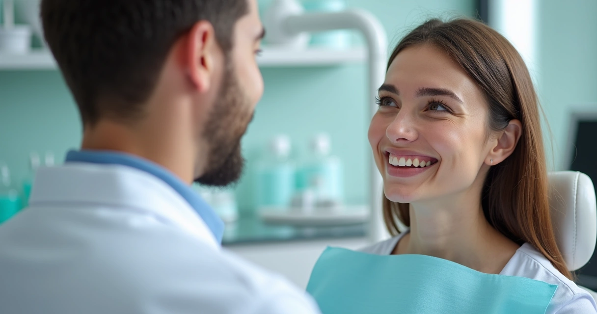 Dentista conversando com paciente em consultório, ambos sorrindo, ambiente iluminado 
