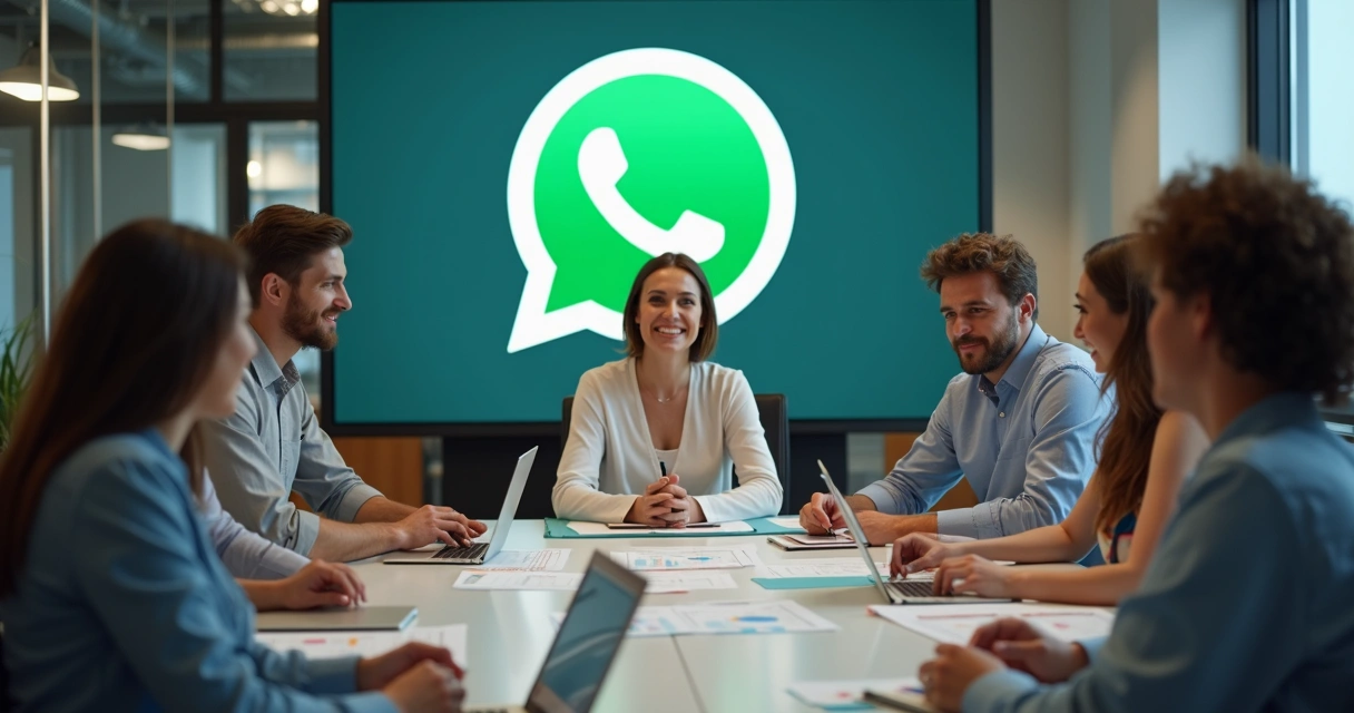 Reunião de equipe discutindo cobranças via WhatsApp 
