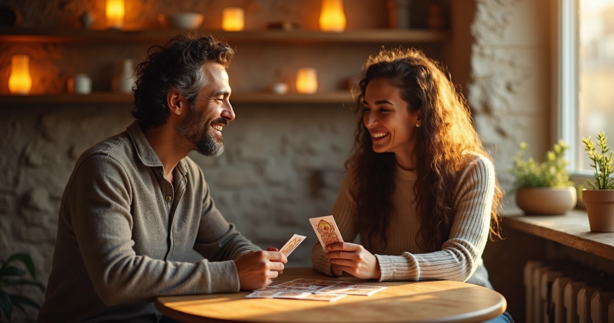 Casal sorrindo jogando cartas em uma mesa em ambiente íntimo 