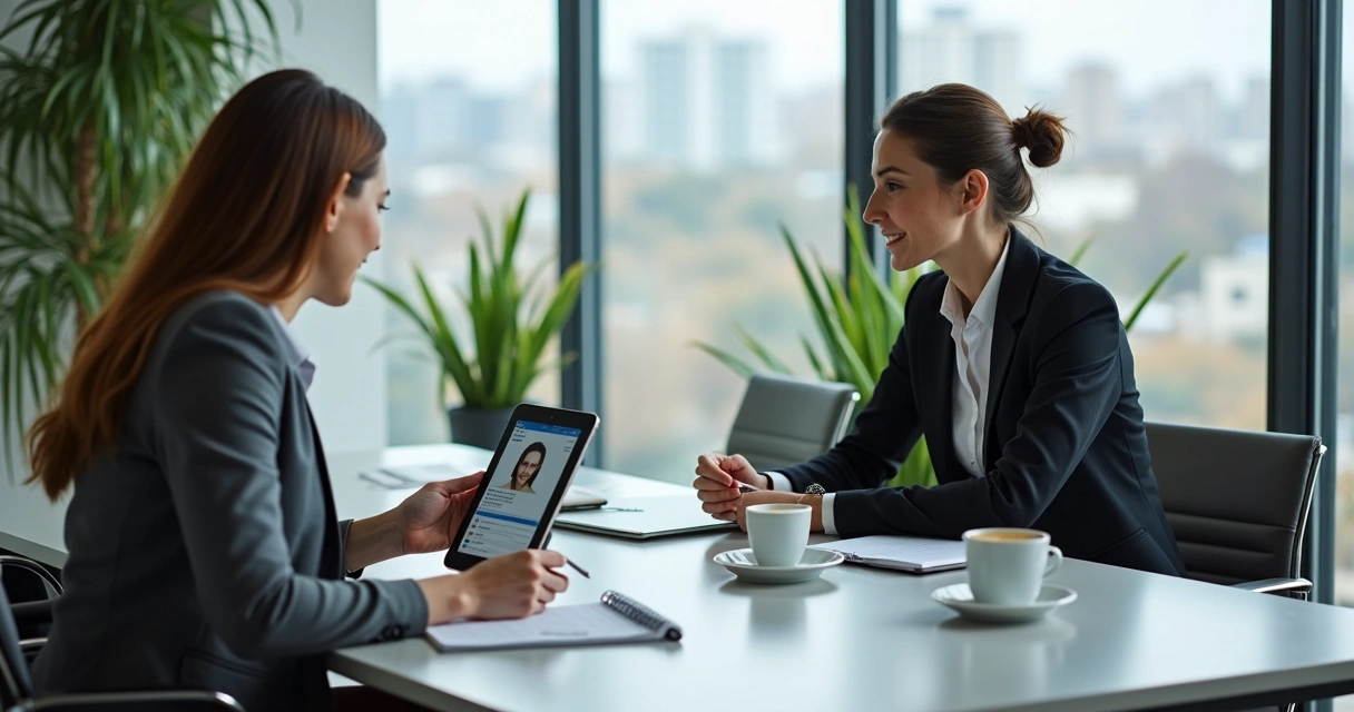 Dois profissionais conversando e olhando o LinkedIn juntos em reunião de negócios 