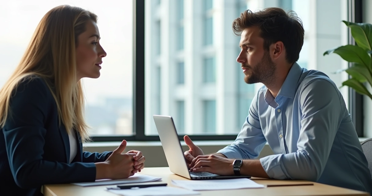 Dois colegas de trabalho conversando olho no olho, sentados à mesa de escritório
