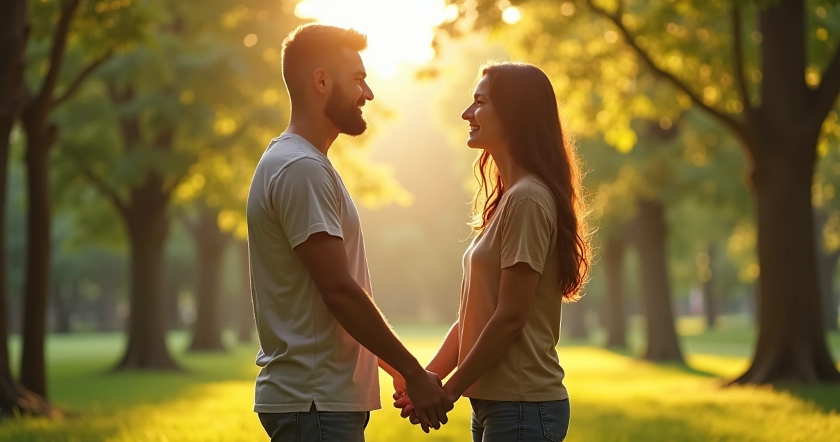 Duas pessoas de mãos dadas olhando uma para a outra em um parque