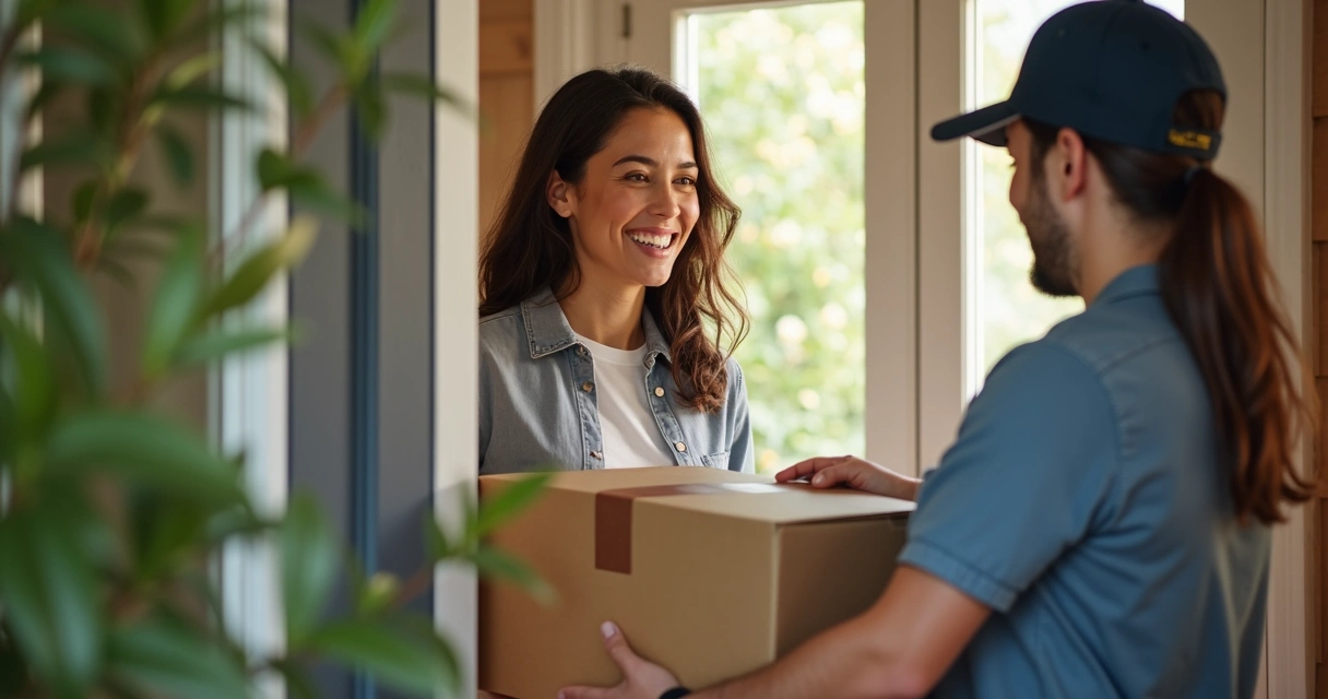 Cliente sorridente recebendo pacote de compra online em casa