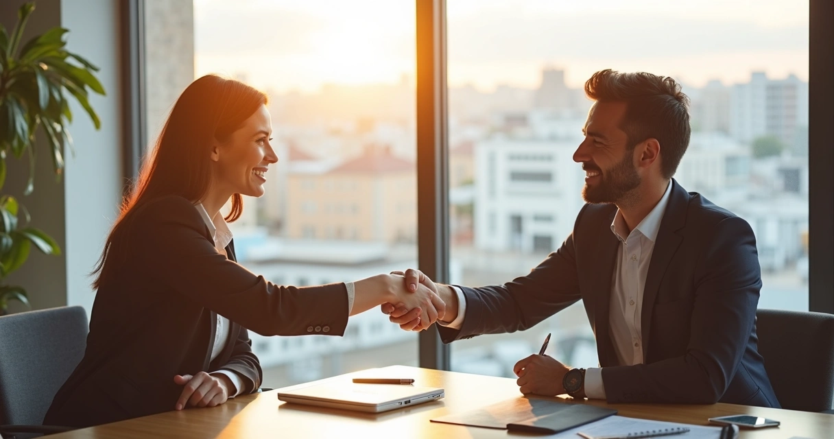 Aperto de mãos entre vendedor e cliente após conversa consultiva em escritório moderno 
