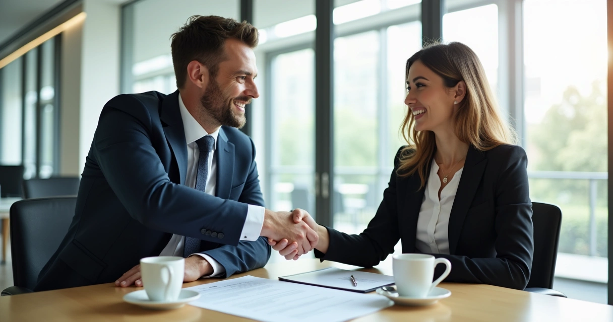 Contador cumprimentando cliente em reunião, sorriso, mesa com contrato e café 