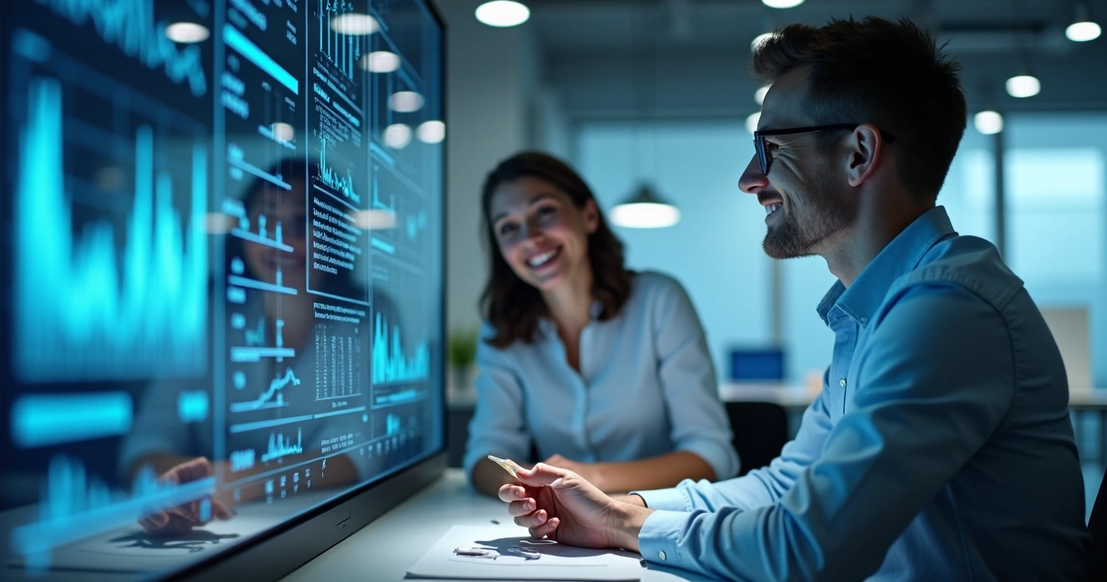 Contador e cliente interagindo em ambiente digital com telas e gráficos em destaque 