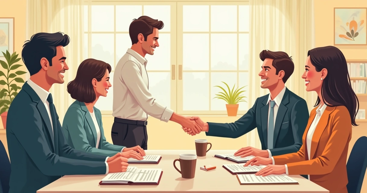 Profissionais de marketing cumprimentando clientes em reunião presencial 