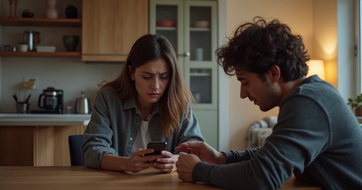 Pessoa olhando o celular do parceiro sobre a mesa, expressando preocupação