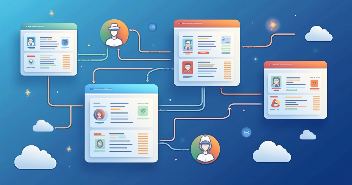 Esquema de tabelas de dados de SaaS com setas relacionando usuários, permissões e relatórios 