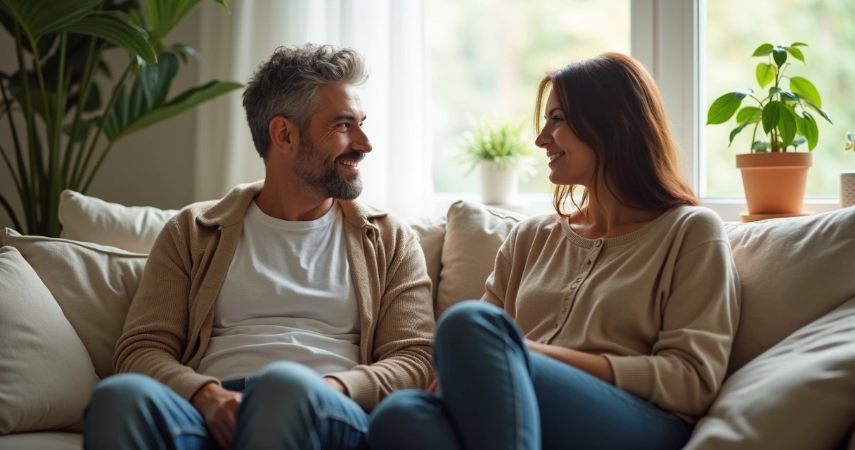 Casal conversando em sofá com atmosfera de entendimento