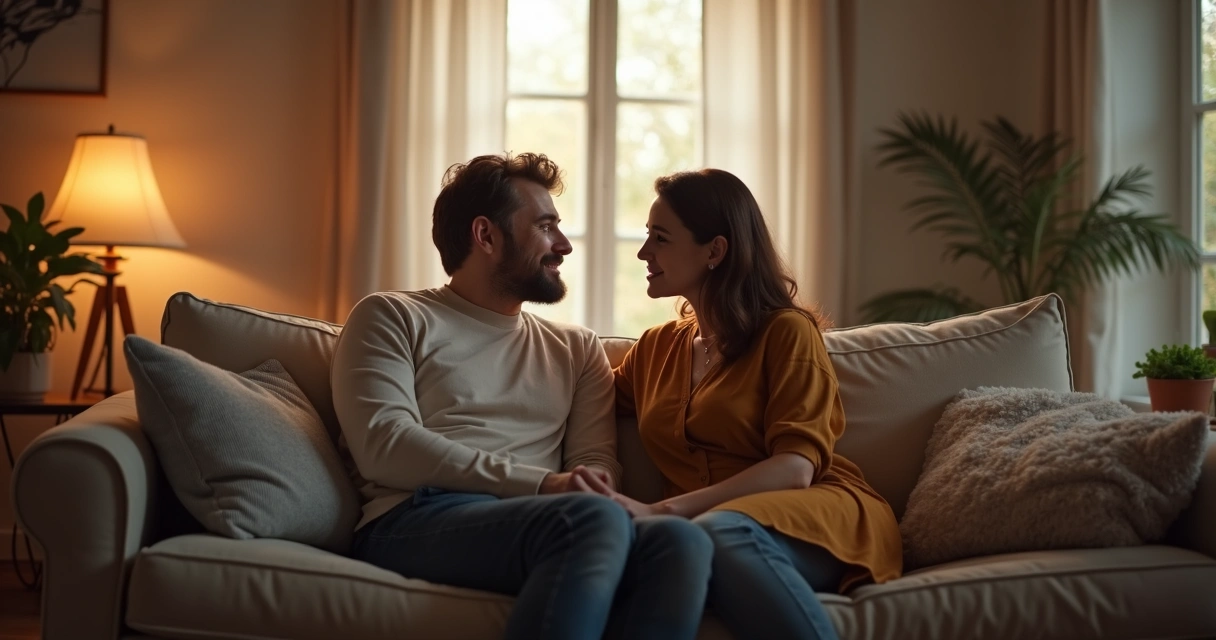 Casal conversando de forma aberta e respeitosa em ambiente íntimo 