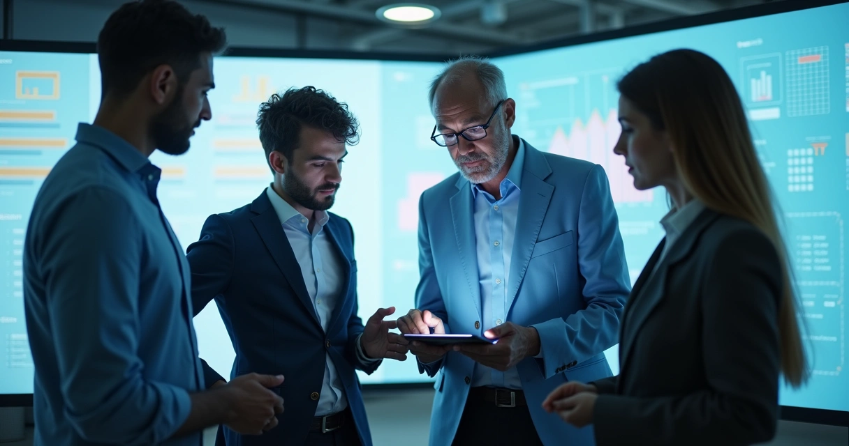 Político analisando dados em tablet próximo a equipe