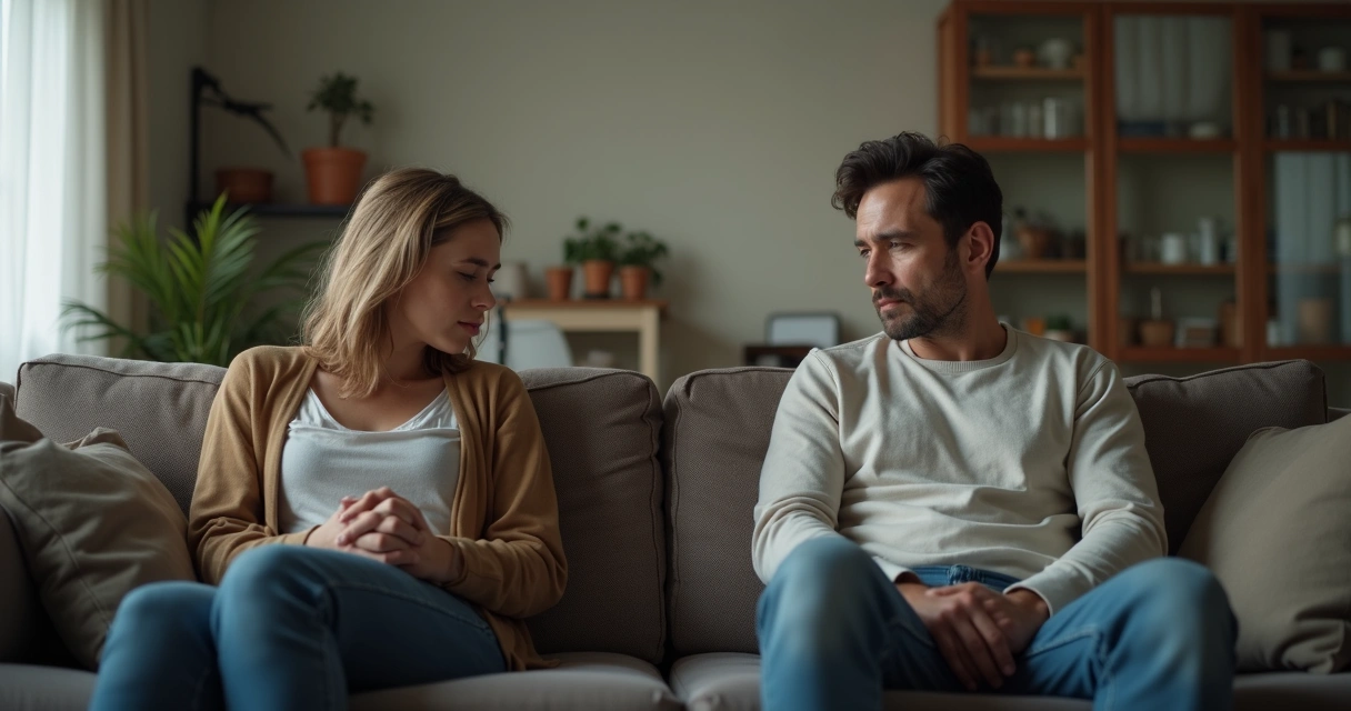Duas pessoas sentadas em lados opostos do sofá, em silêncio, olhando para baixo. 