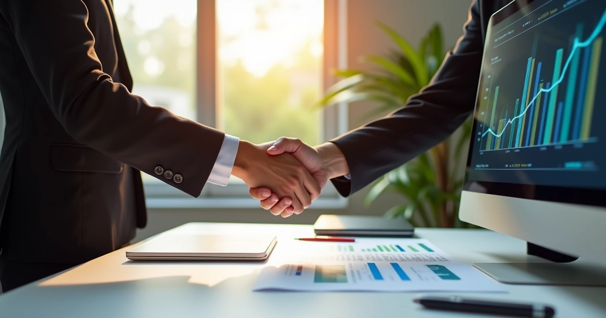 Representação visual de parceria de longo prazo entre empresas, com mãos apertadas e gráficos de crescimento 