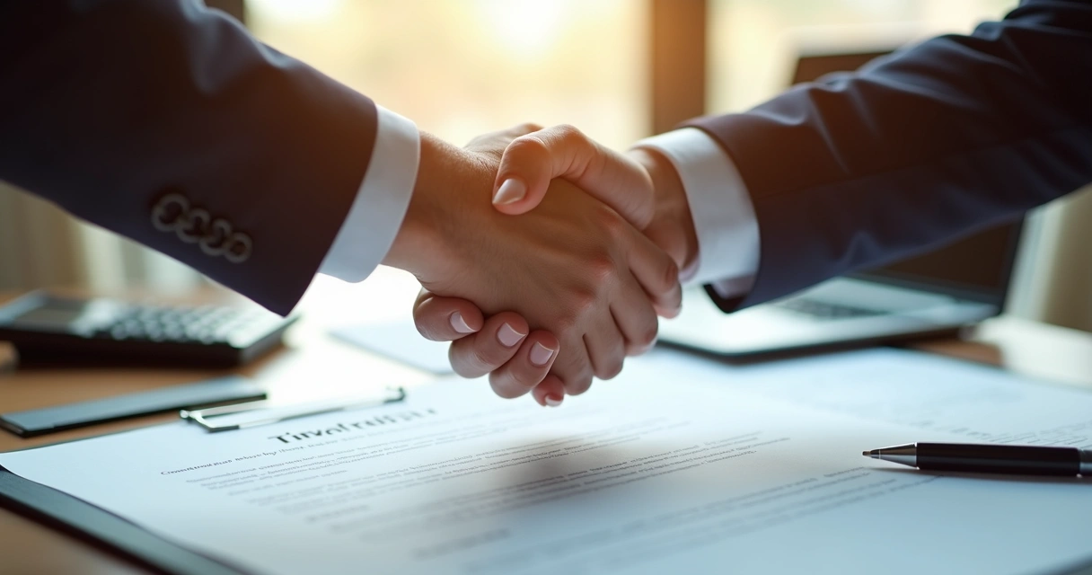 Mãos apertadas sobre contrato de prestação de serviço financeiro 