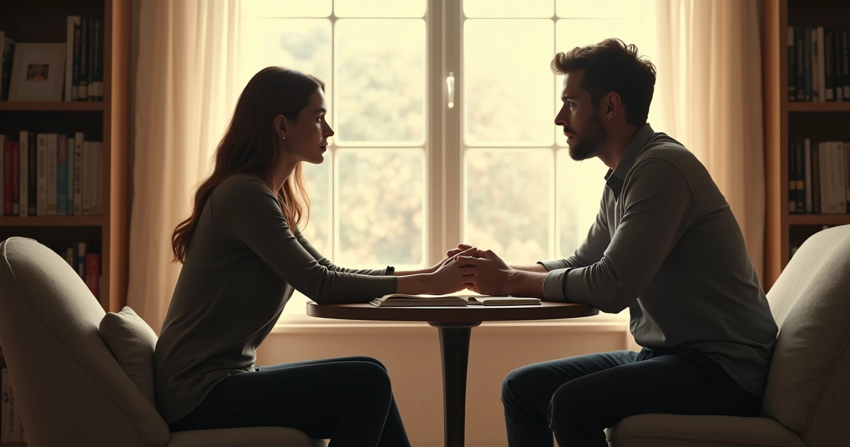 Duas pessoas sentadas frente a frente, conversando em tom sério em uma sala iluminada