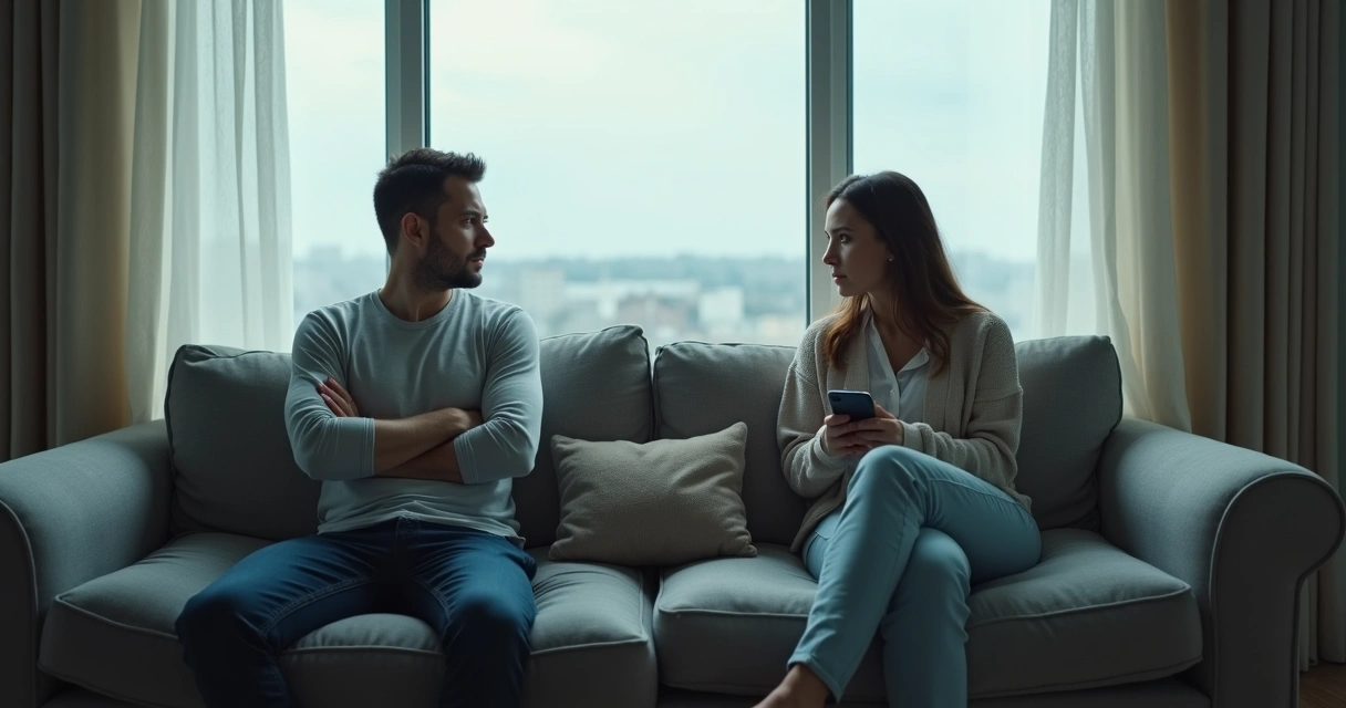 Casal em um sofá com distância física e expressão de tensão emocional 