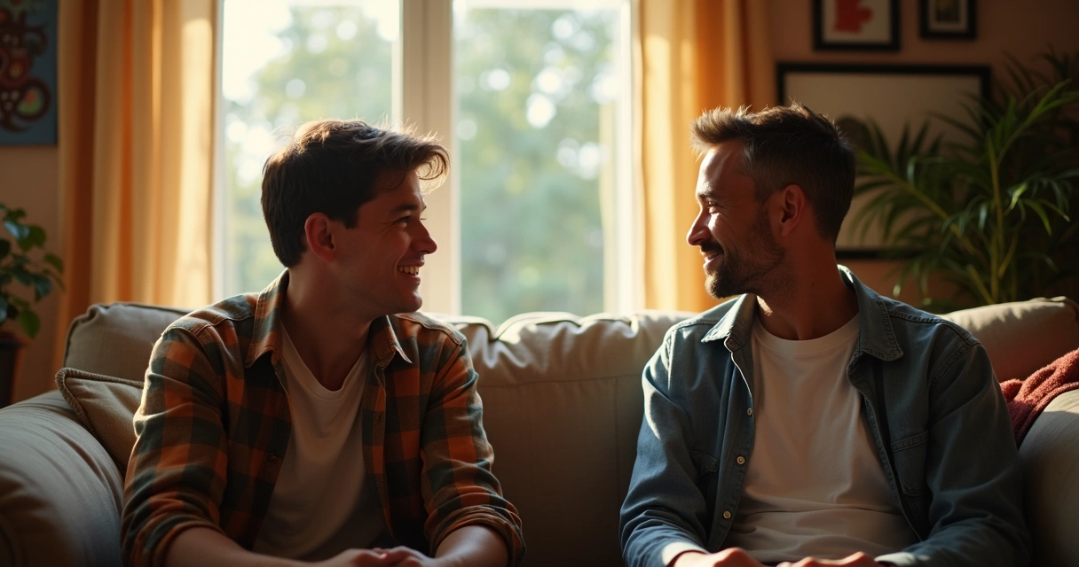 Duas pessoas conversando com expressões diferentes, um sorrindo, outro sério 