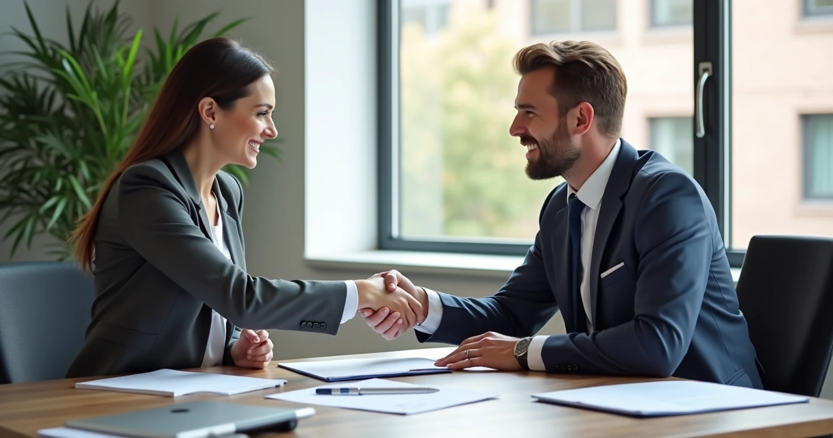 Aperto de mãos entre profissional de RH e candidato, ambos sorrindo, em escritório moderno, simbolizando relação de confiança 