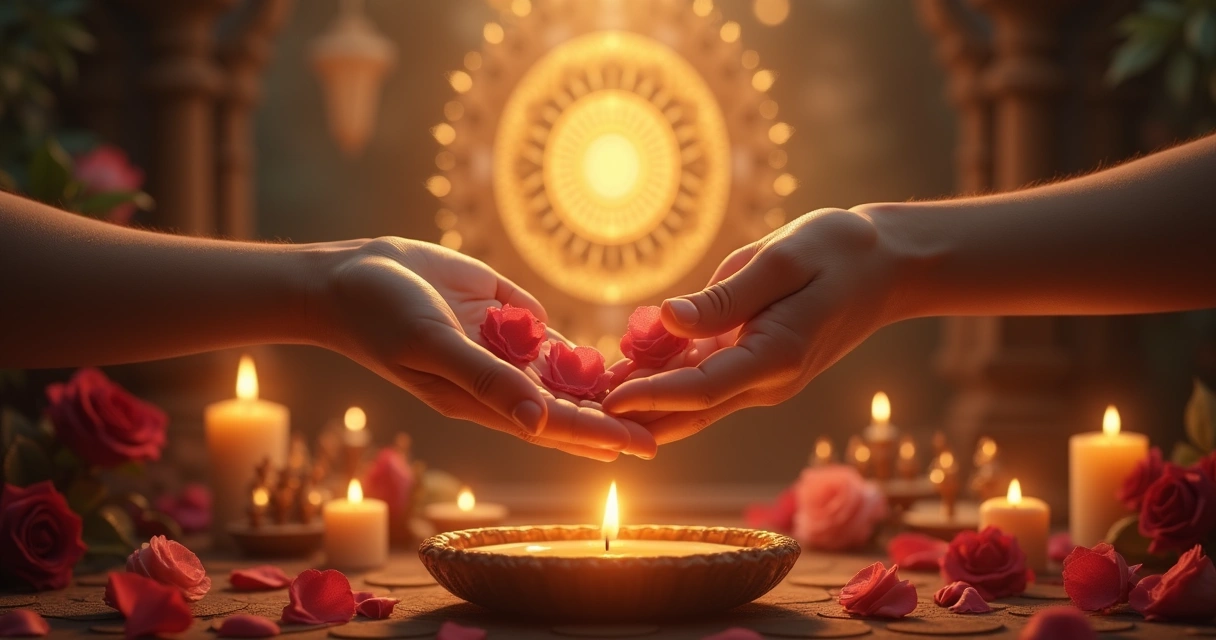 Duas mãos unidas envoltas por uma aura luminosa em ambiente místico