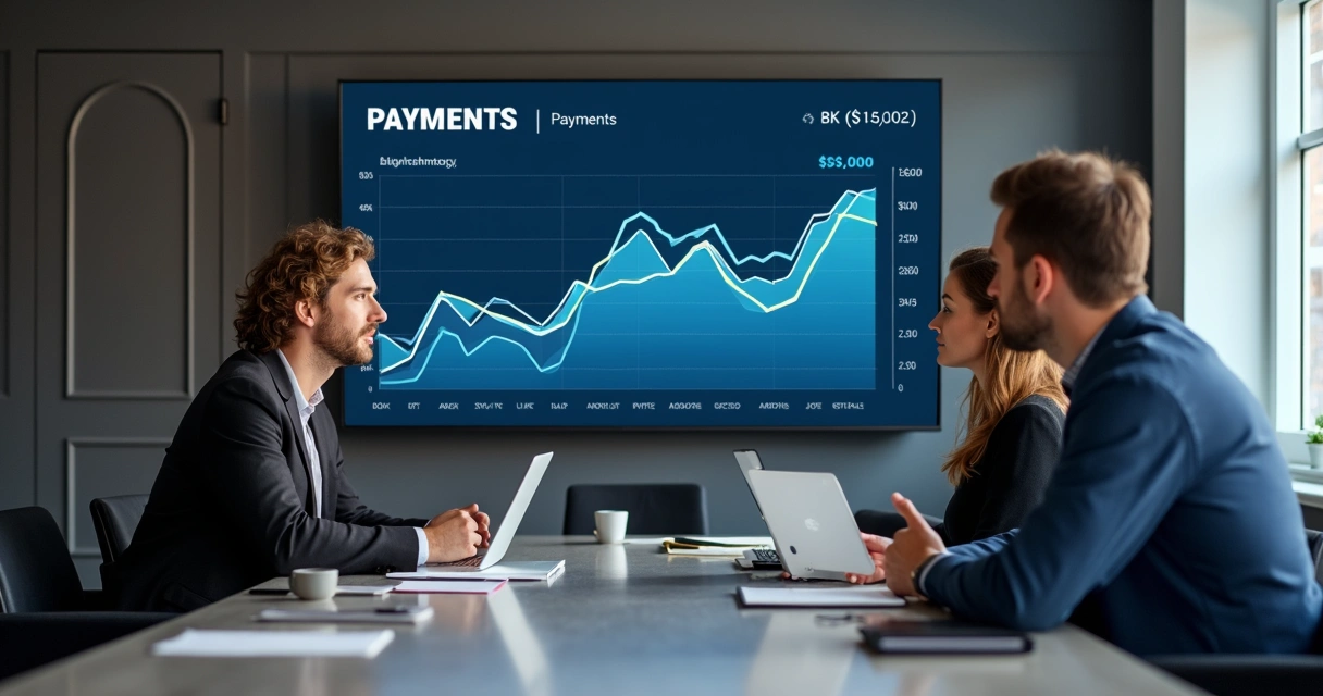 Equipe reunida em sala moderna analisando gráfico de pagamentos e conversando de forma colaborativa 