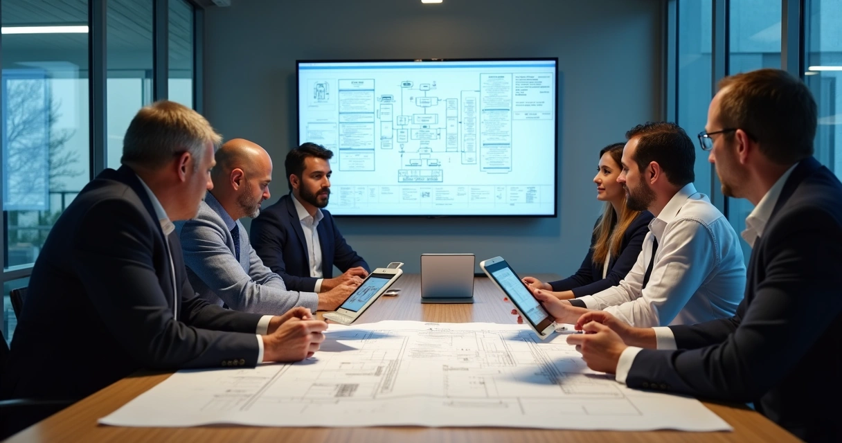 Equipe de vendas e engenharia discutindo relacionamento e projetos de construção 