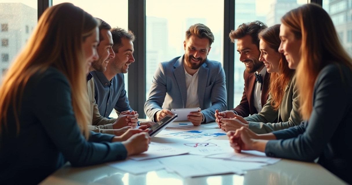 Vendedores em reunião de alinhamento em escritório moderno, sorrindo e conversando 