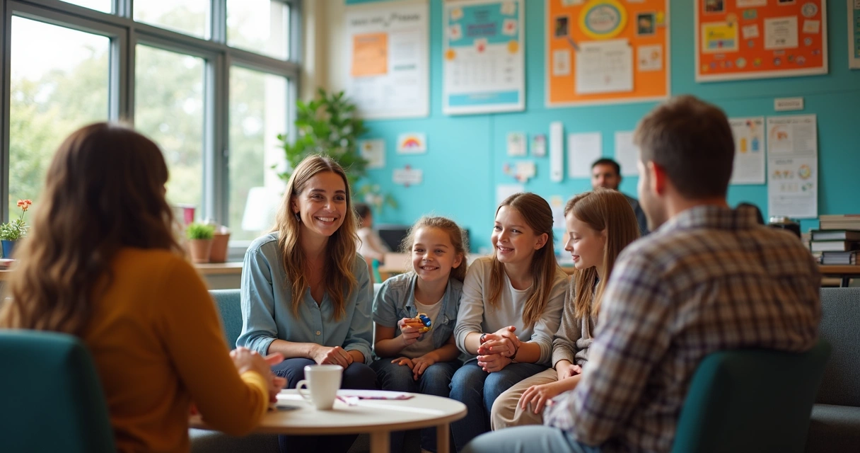 Gestor escolar conversa com famílias em ambiente acolhedor 