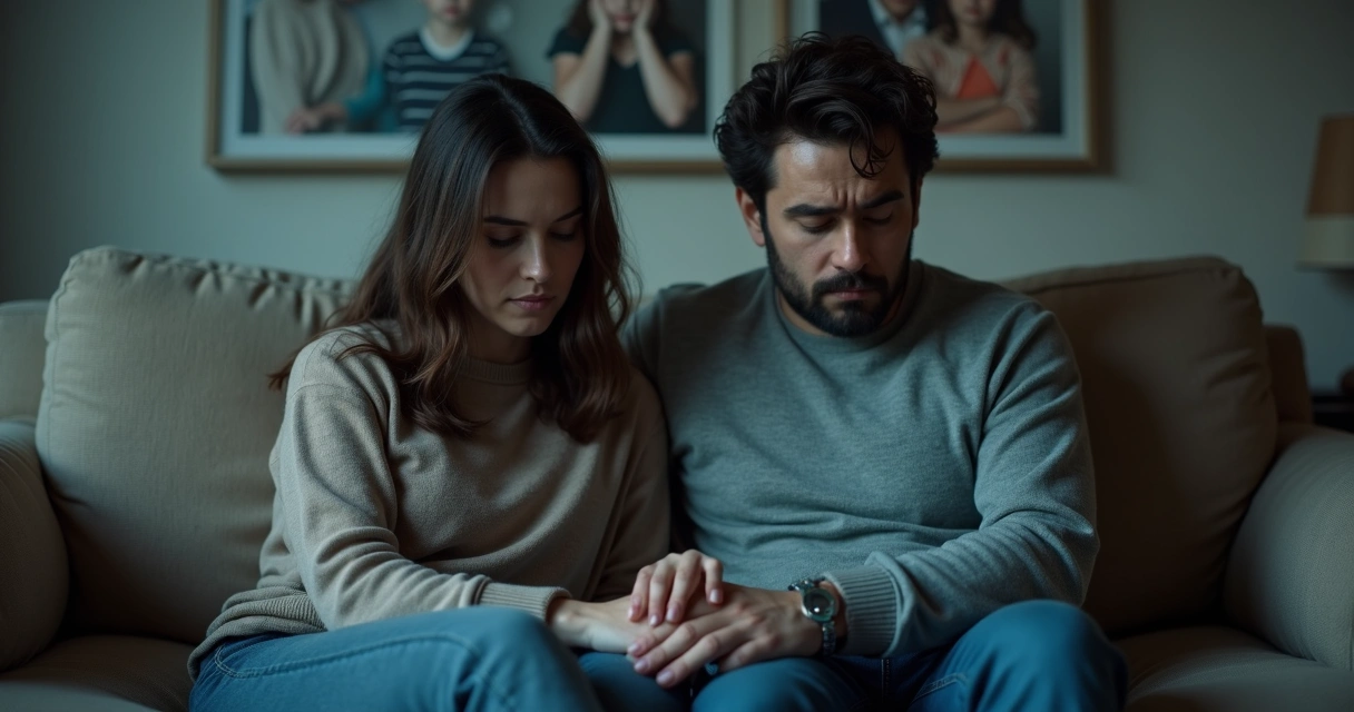 Duas pessoas sentadas lado a lado, olhando para o vazio, mãos entrelaçadas sem expressão facial clara, sugerindo distanciamento afetivo 