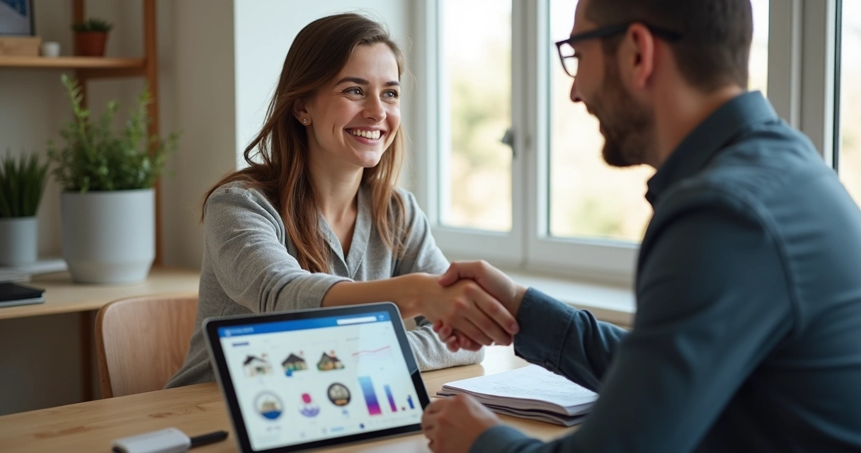 Corretor e cliente se cumprimentando em reunião com tablet entre eles 