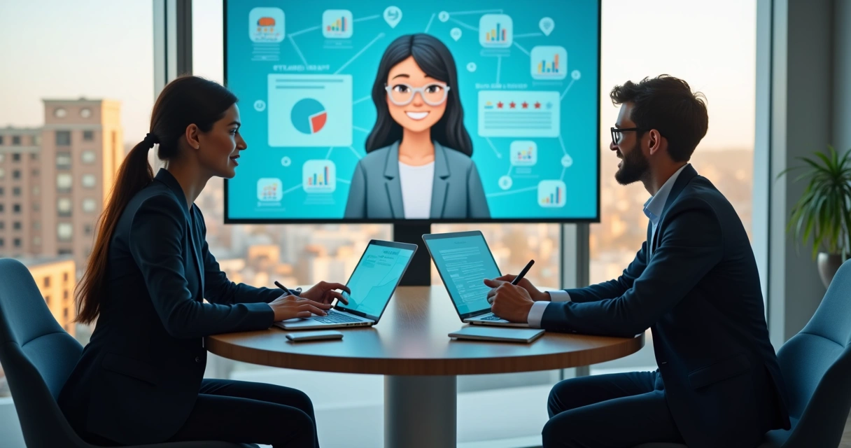 Equipe de empresa conversando amigavelmente com cliente em tela virtual de agente IA 