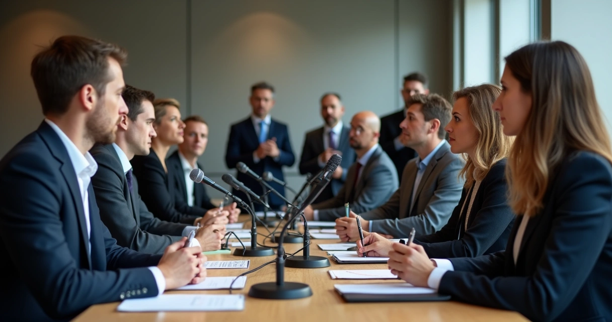 Executivos conversando com jornalistas em entrevista coletiva 