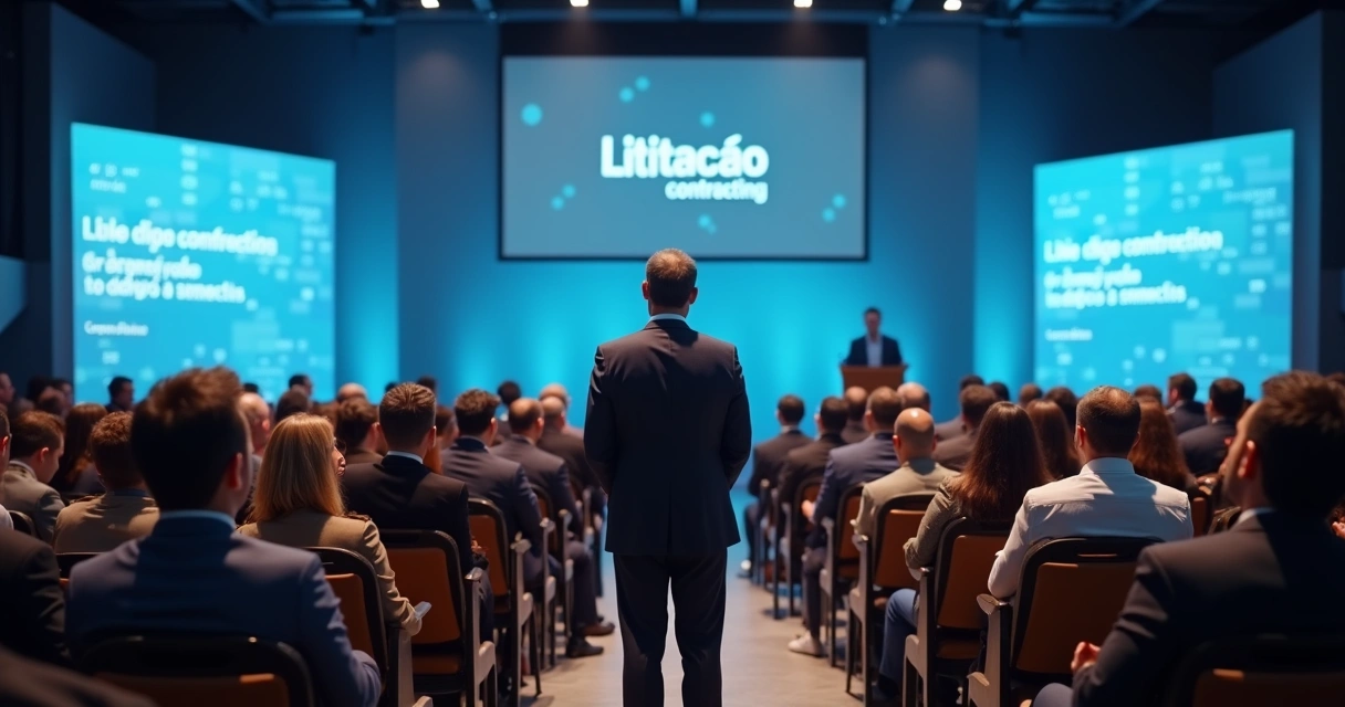 Gestor se apresenta em evento público, plateia formal, banner com tema licitação 