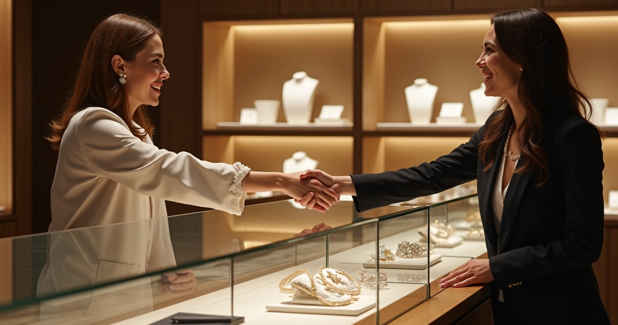 Duas pessoas apertando as mãos em frente a uma vitrine de joias. 
