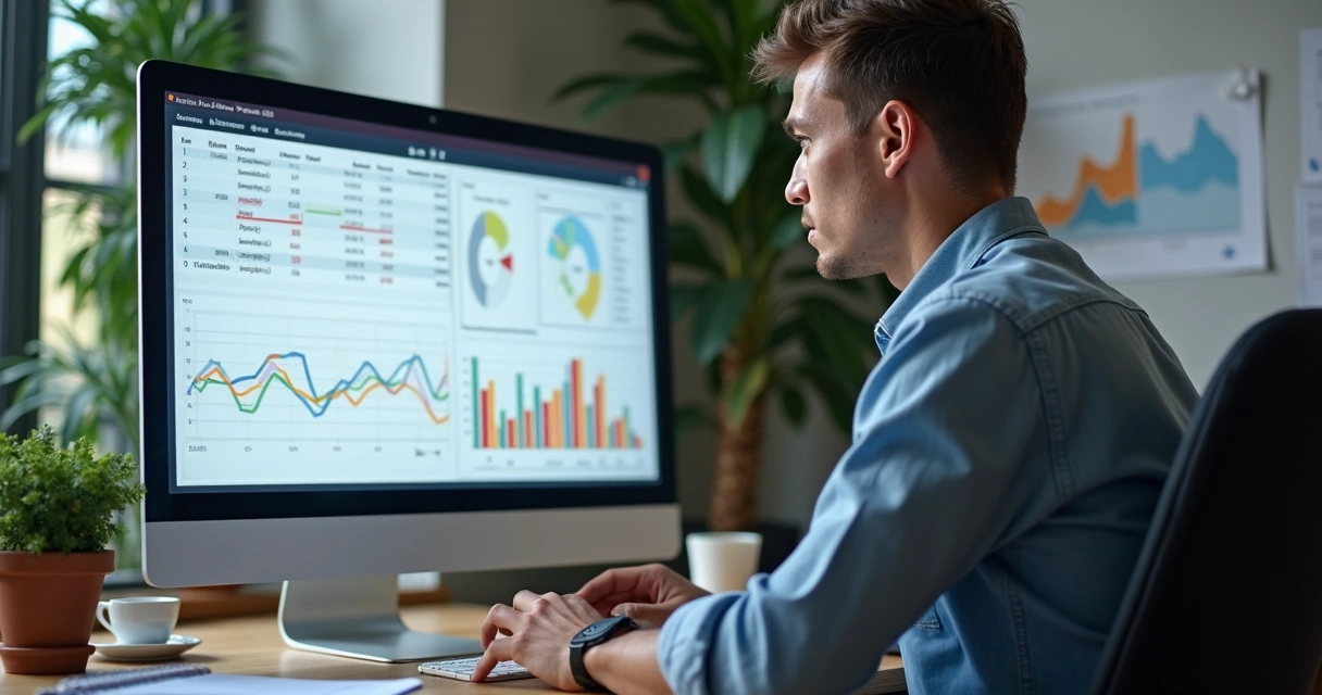 Homem analisando tela de computador com gráficos e lista de leads antigos organizados 