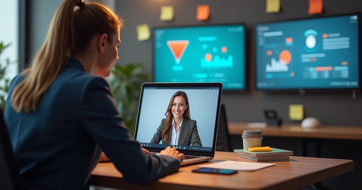Vendedor em chamada de vídeo com lead, funil digital e gráficos de engajamento ao fundo