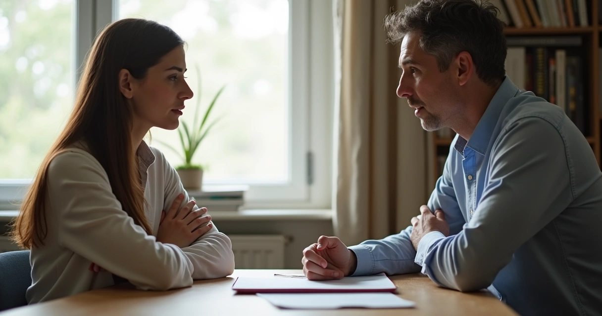 Dois adultos conversando em ambiente interno, ambos com expressão séria e postura afastada 