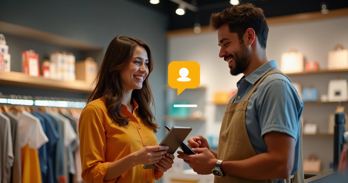 Cliente e atendente trocando mensagem rápida em loja física 