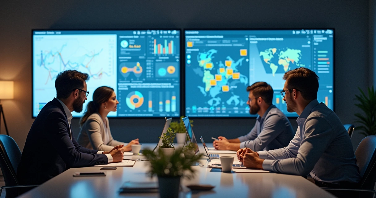 Equipe de vendas reunida analisando dados de empresas 