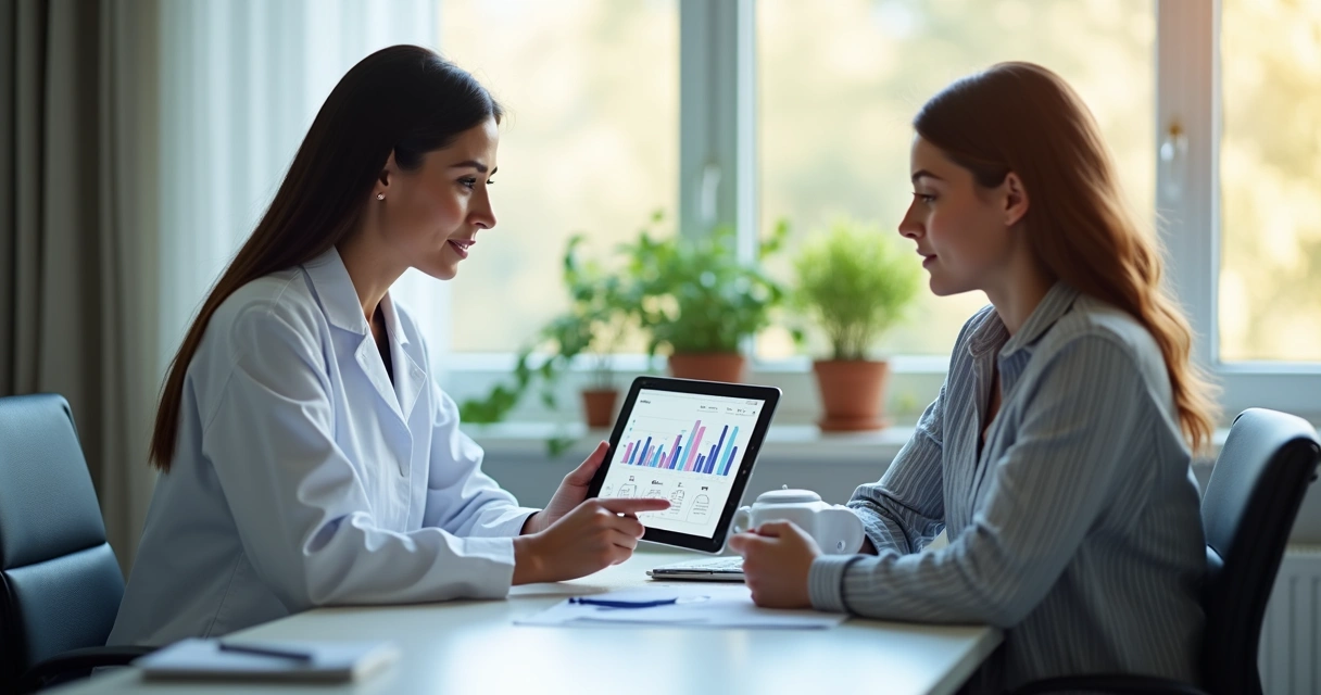 Nutricionista mostrando gráficos de evolução para paciente em consulta 