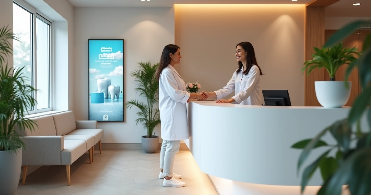 Recepcionista de clínica odontológica cumprimenta paciente com sorriso e aperto de mão, ambos de pé, num ambiente acolhedor e moderno